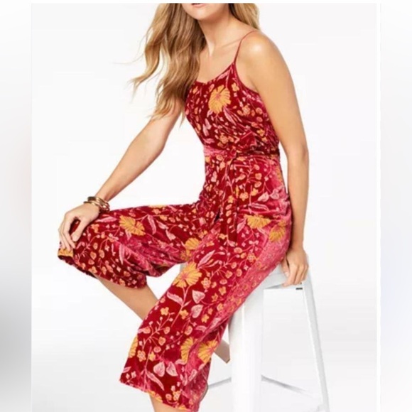 NWOT Nanette Lepore Dark Red/Yellow Burnout Floral Midi Pant Jumpsuit Vintage - Picture 1 of 15